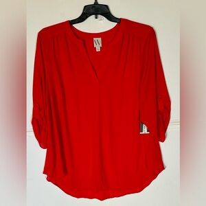 Worthington Women's Red Vneck Blouse with button roll sleeves. 2X NWT